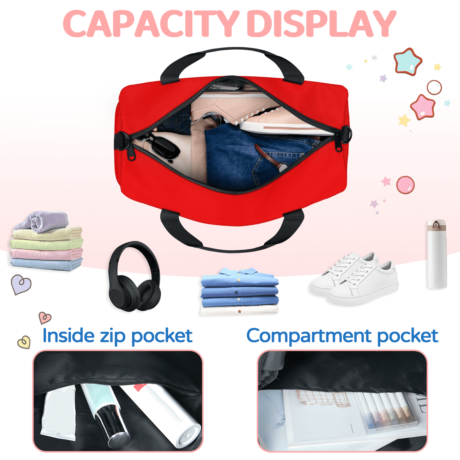Herdesigns Red Travel Duffle Bag Sports Yoga Weekender Overnight Carry on Workout Bags Lightweight Waterproof Gym Tote Bag for Women
