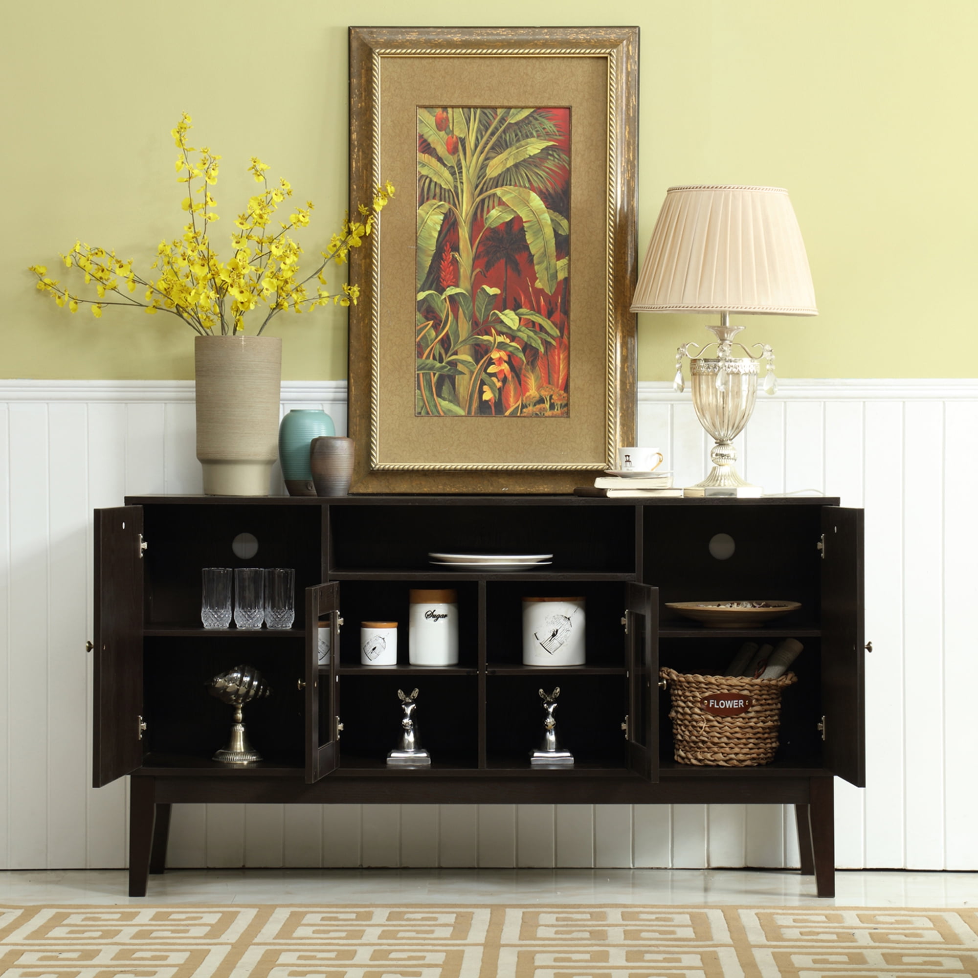 Resenkos 4 Door Sideboard Buffet Cabinet with Solid Wood Legs, Open Storage Console Table for Kitchen Dining Room Entryway or Hallway Dark Brown Resenkos 4 Door Sideboard Buffet Cabinet with Solid Wood Legs, Open Storage Console Table for Kitchen Dining Room Entryway or Hallway Dark Brown