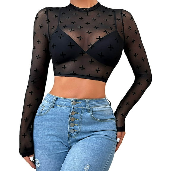 YUEHUA Lace Crop Tops for Women See Through Lace Undershirt Mesh Long Sleeve Blouse Neck Sheer Tops