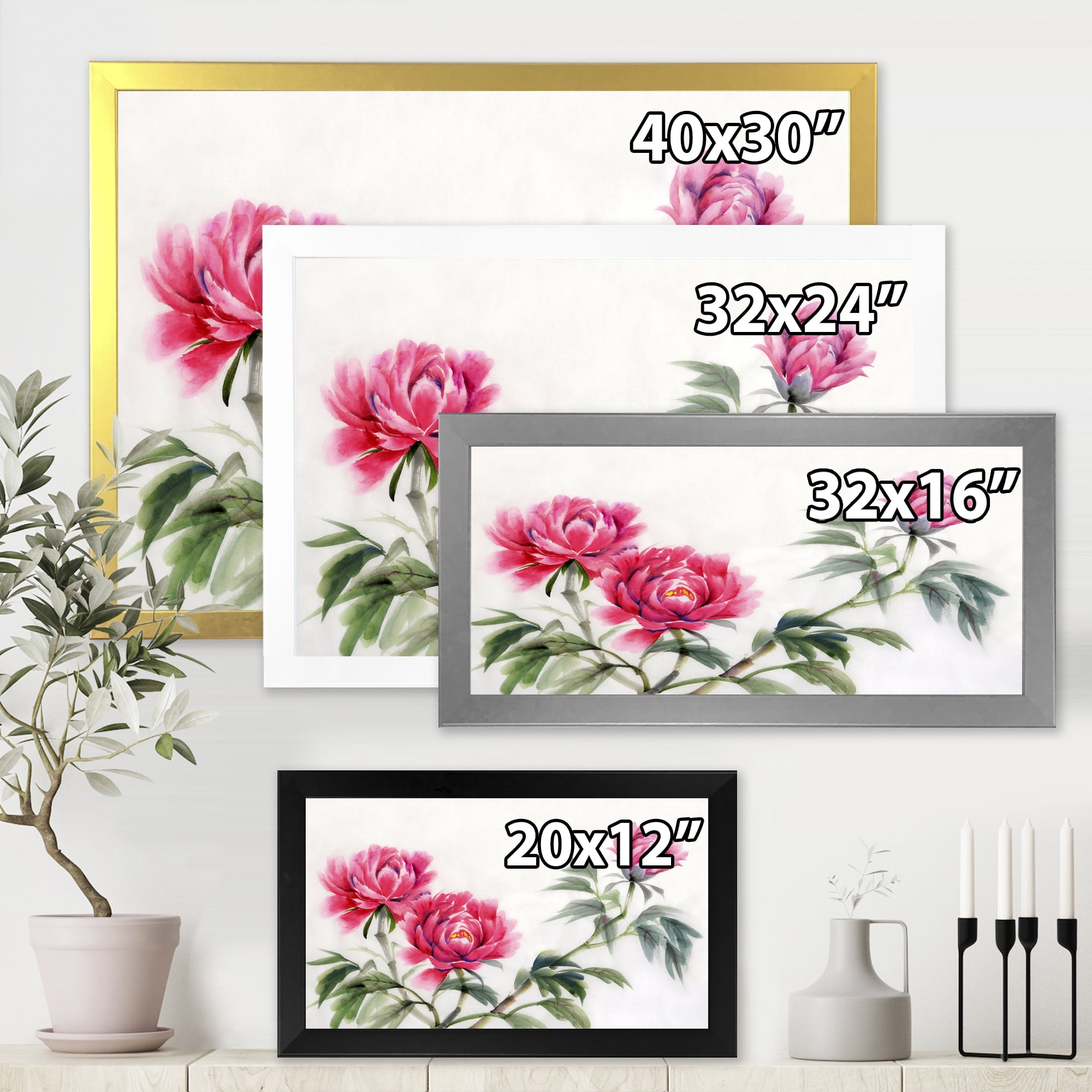 Designart 'Three Vintage Red Peonies Flowers' Traditional Framed Art Print