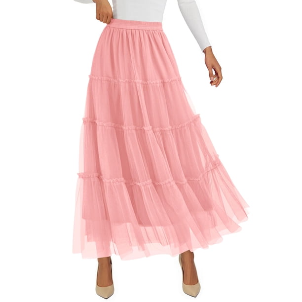 Falda PRETTYGARDEN 2025 de tul, cintura alta, línea A, XL, rosa