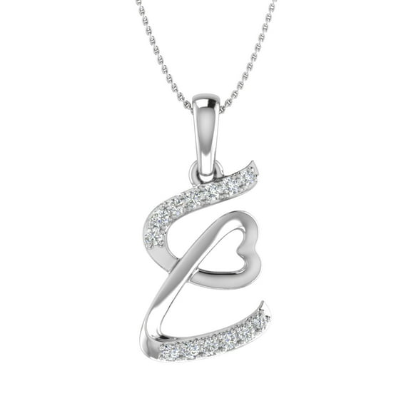 1/10 Carat Diamond Heart Initial E Letter Pendant Necklace in 14K White Gold (with Silver Chain)
