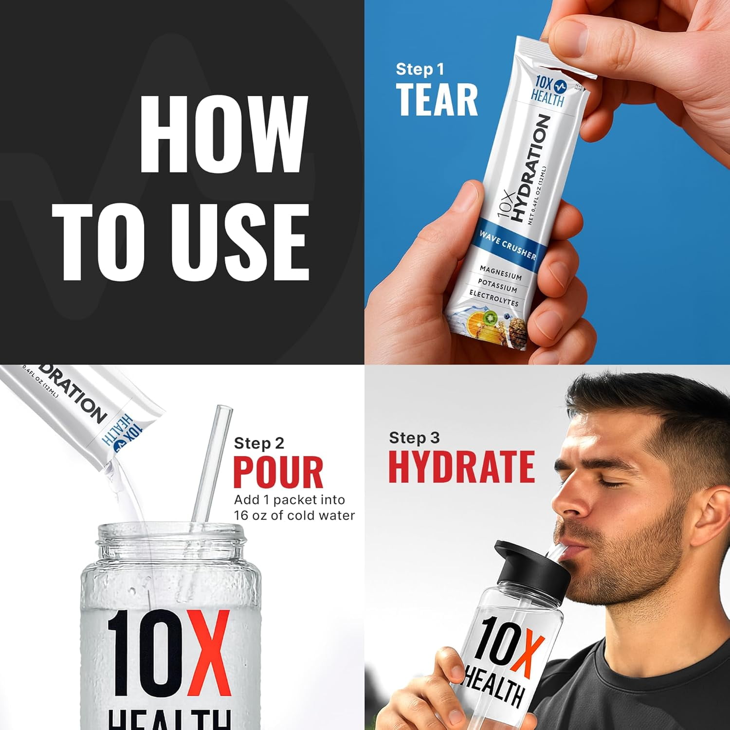 10X Hydration Wave Crusher - Electrolyte Drink Mix Packets, 15 Stick Packs, Natural Flavor