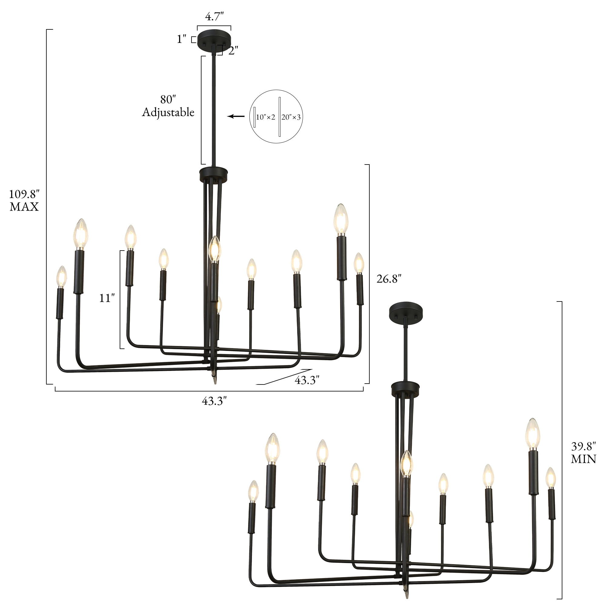 LNC Donnish 10 -Light Matte Black Metal Metal Chandelier