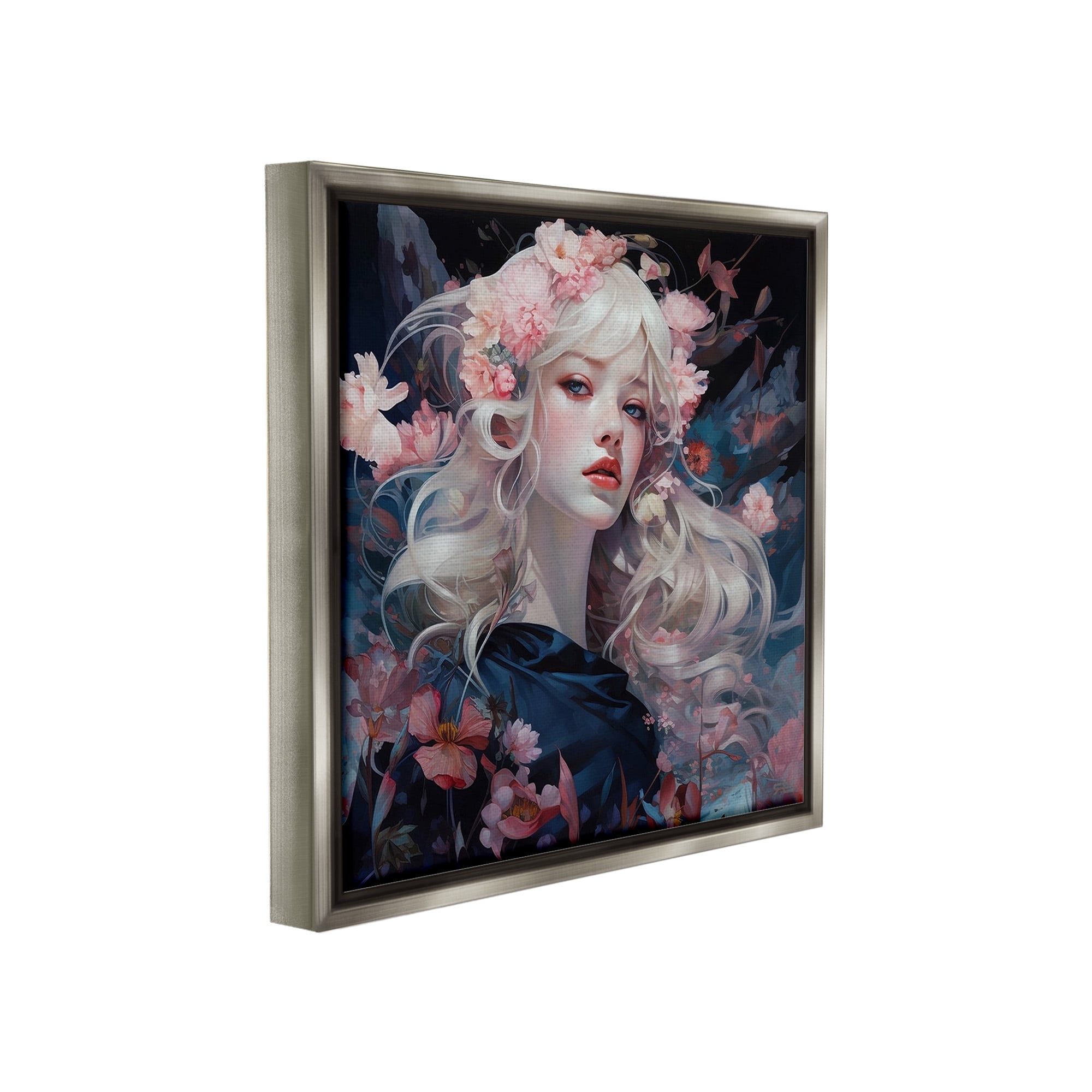 Stupell Industries Girl with Pink Irises Botanical & Floral Painting Gray Floater Framed Canvas Art Print Wall Art, 18 x 18
