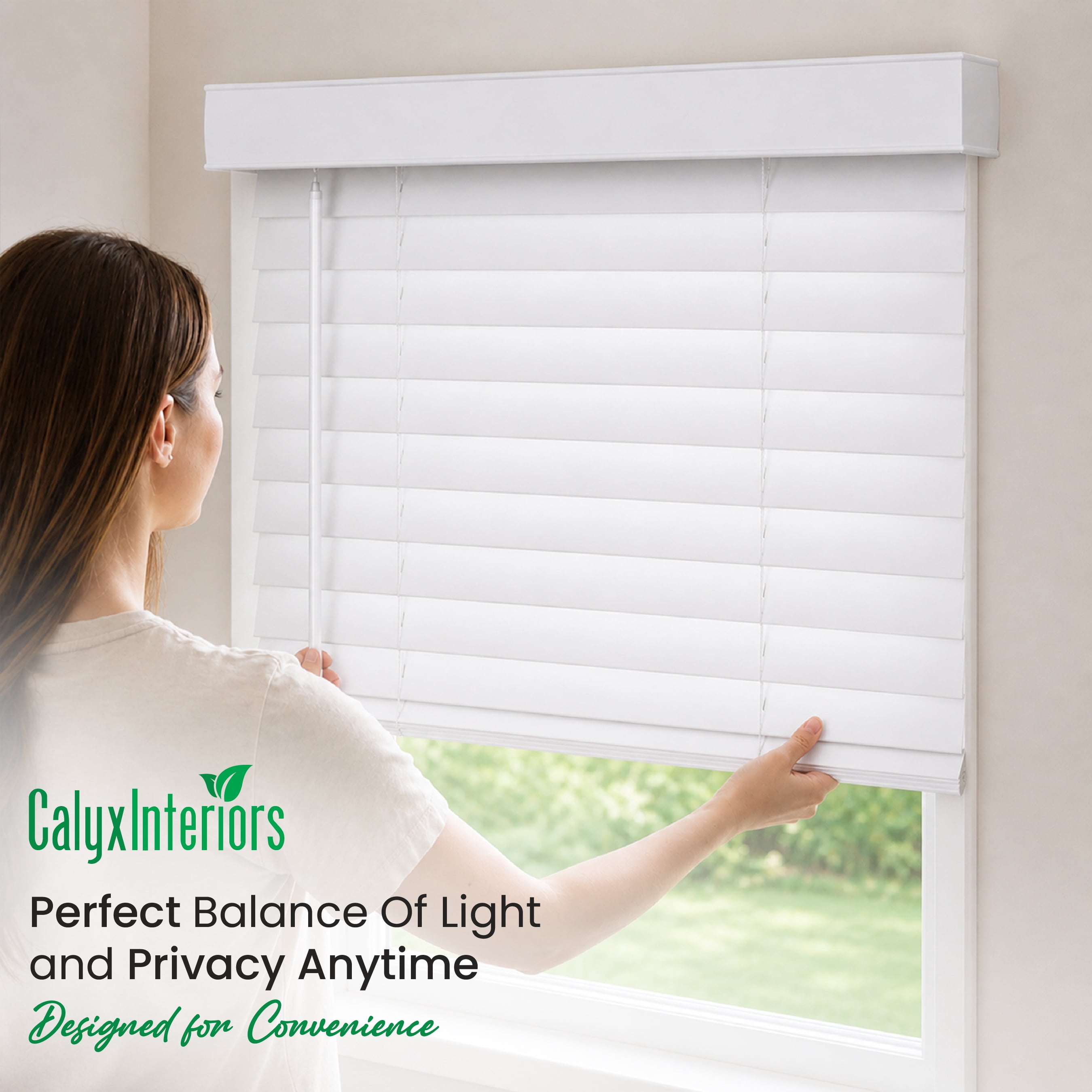 CALYX INTERIORS Faux Wood Blinds with Classic Valance, Cordless, 2" Slat, 22"W x 60"H, Room Darkening Shade for Windows and Doors, Pure White