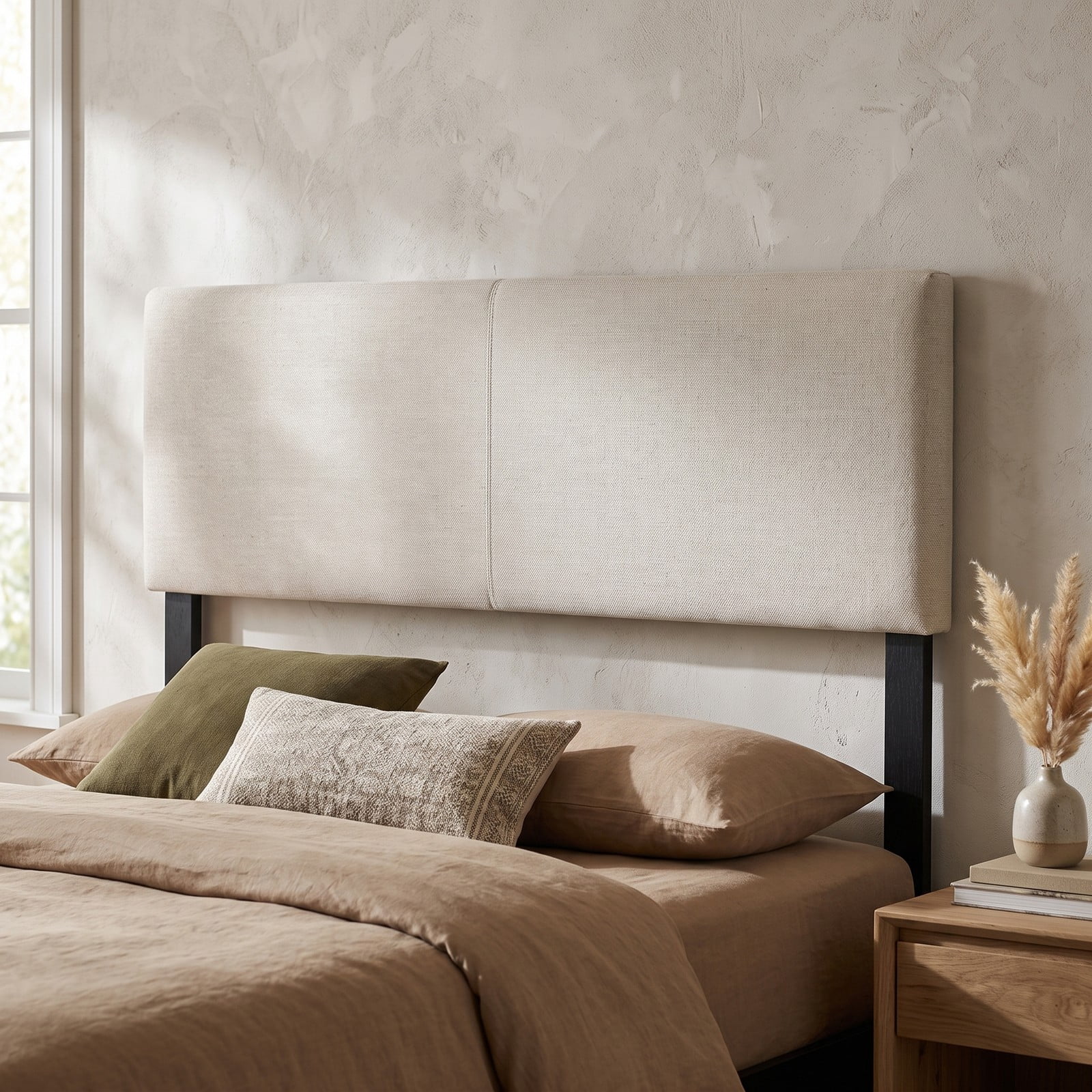 Furnibear Upholstered Headboard for Queen and Full Size Beds, Faux Linen Fabric Panel with Adjustable Mounting Legs, Beige