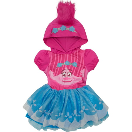 Trolls Poppy Toddler Girls' Costume Dress with Hood and Fur Hair, Pink and Blue,