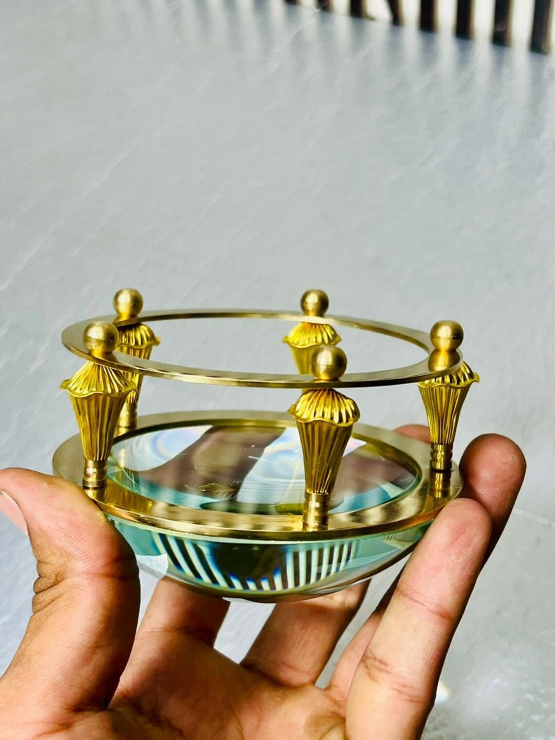 Antique Brass Magnifying Glass 4-Inch - Nautical Marine Navigation Paperweight - Handheld Reader for Maps & Books - Vintage Maritime Office Desk Decor, Handcrafted Collectible Gift