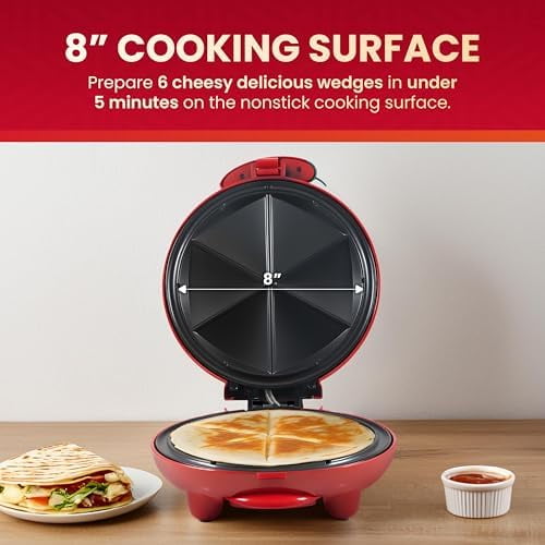 EQD-413 Electric Non-Stick 8" Quesadilla Maker, Easy-Slice 6-Wedge, Grilled Cheese Corn Flour Tortilla Snacks, Red