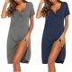 thumbnail image 3 of Ekouaer 2 Pack Nightgowns for Women Button Down Night Shirts Short Sleeve Sleep Shirts V Neck Sleepwear Pajama Dress, 3 of 5