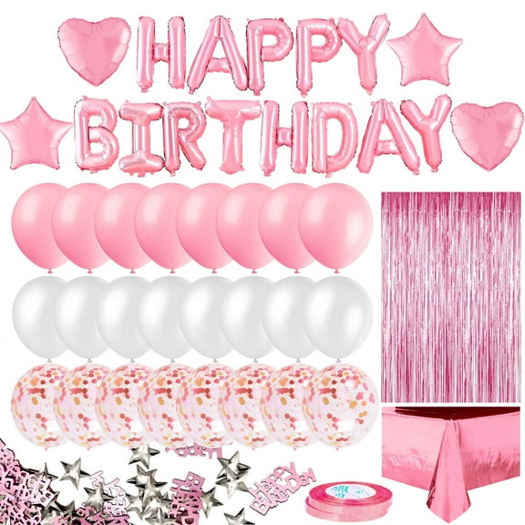 Elegant Birthday Party Decor, Pink Fringe Curtain, Rose Gold Foil Tablecloth, Happy Birthday Banner, Confetti Balloons for Women Celebration, Pink