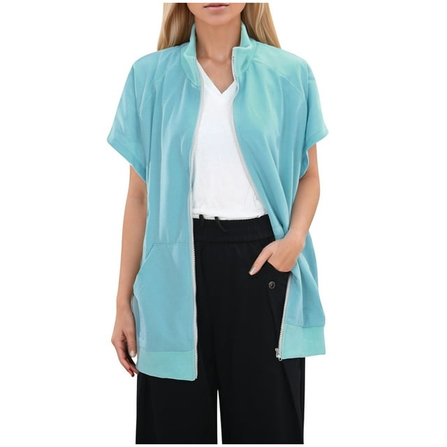 GPOECD Women's Lapel Zip Thread Pocket Sweatshirt Sleeveless Oversized Sweatshirt Blue,L