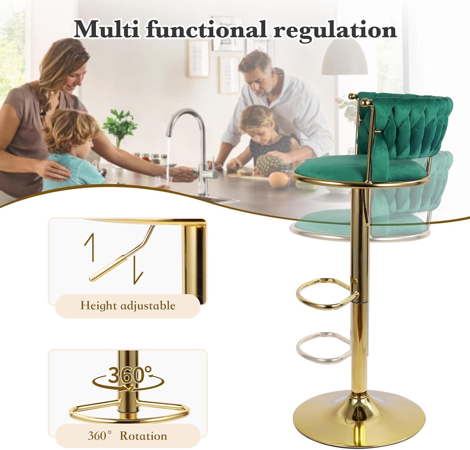 Homefun Swivel Velvet Bar Stools Set of 2, Height Adjustable Counter Height Stools with Low Back, Gold Swivel Bar Chairs for Kitchen Island