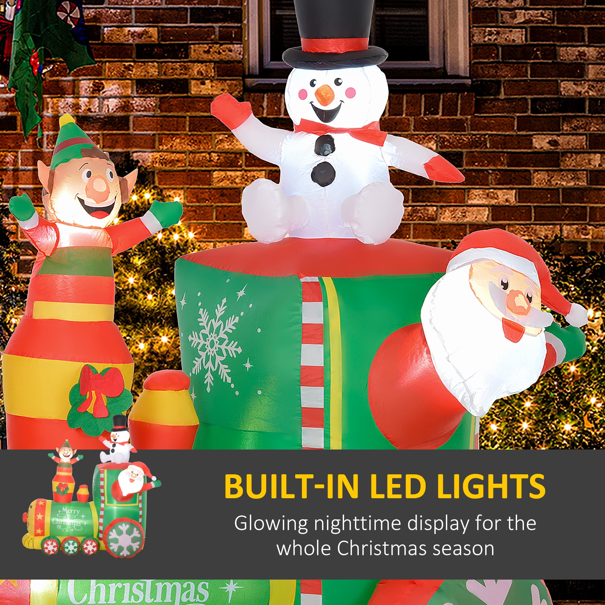 Christmas Inflatable Train with Gingerbread Man Snowman and Santa Claus LED Lights Outdoor Yard Decoration
