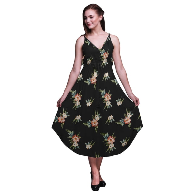 Bimba Robe Midi d'Été Imprimée à Fleurs pour Femmes Col en V Tenue de Vacances-Petite