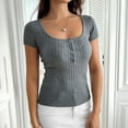 thumbnail image 4 of FRSASU Womens Short Sleeve Sweater Casual Summer Square Neck Button Pullover Tops Ribbed Knit Sweater Blouse Gray, 4 of 6