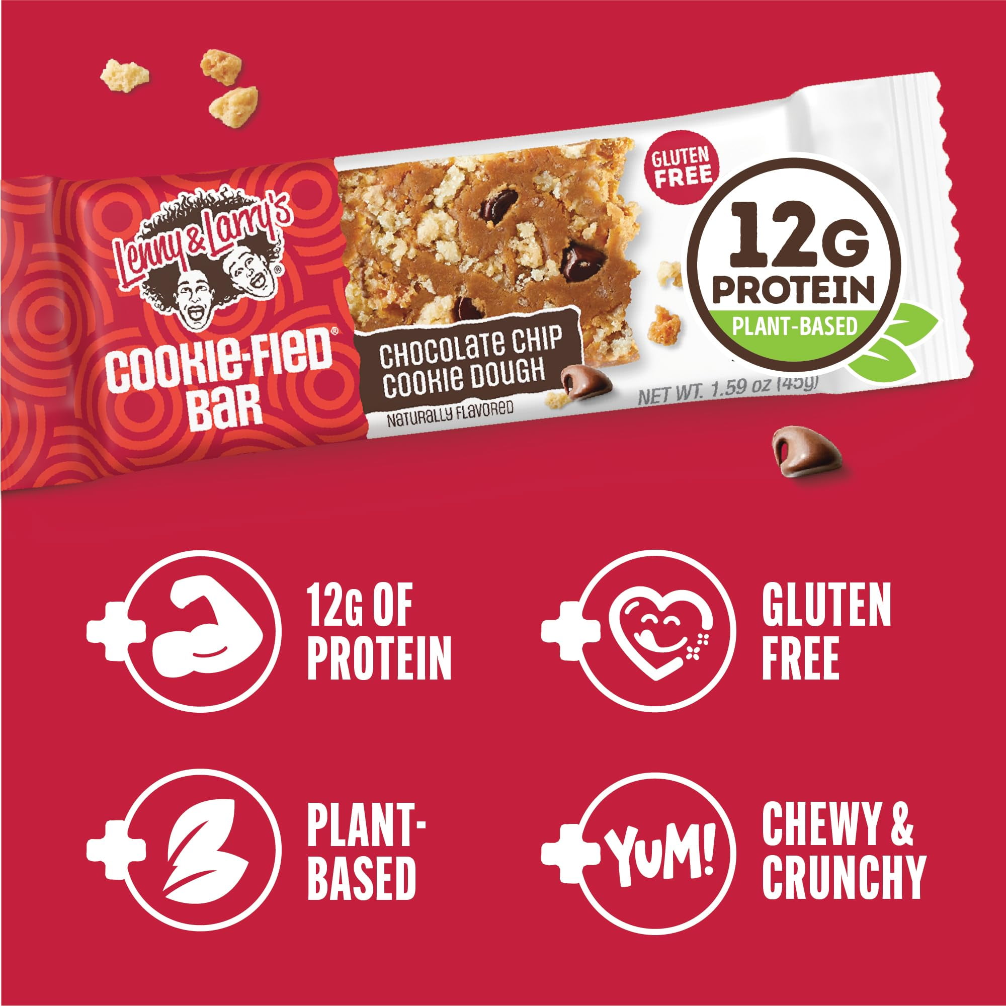 Lenny & Larry's  Cookie-fied Bar - Chocolate Chip Cookie Dough Protein Bars 9x45g - Healthy Snacks with 12g Plant Protein & 5g Fiber - Gluten free Power Bar, Keto Friendly, Non-GMO & Vegan
