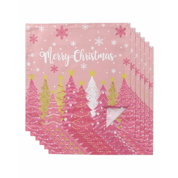 Pink Christmas Tree Cloth Napkins Set of 6 Reusable Dinner Napkins, Pink Xmas Tree Snowflake Luxury Cocktail Napkin Washable Table Napkins for Wedding/Holiday Party/Baby Shower 20"x20"