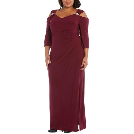 R&M Richards Womens Plus Cold Shoulder Embellished Evening Dress