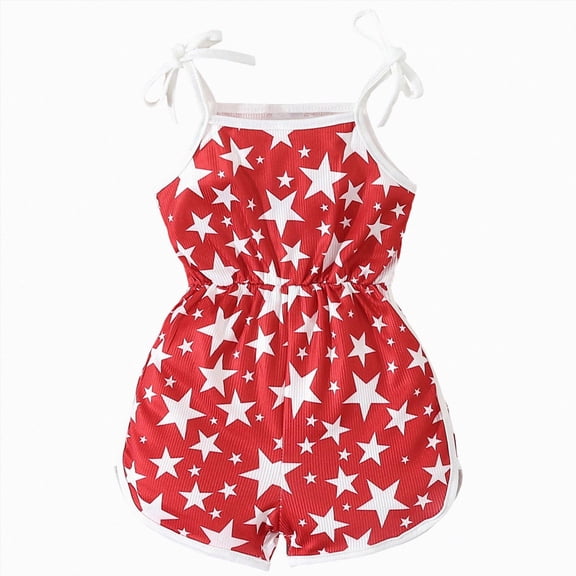 BOBOGOJP 4th of July Outfit Toddler Girl Stars Stripe Tie-Up Romper Overall Shorts Little Girls 4th of July Clothing Red for Size 18-24 Months