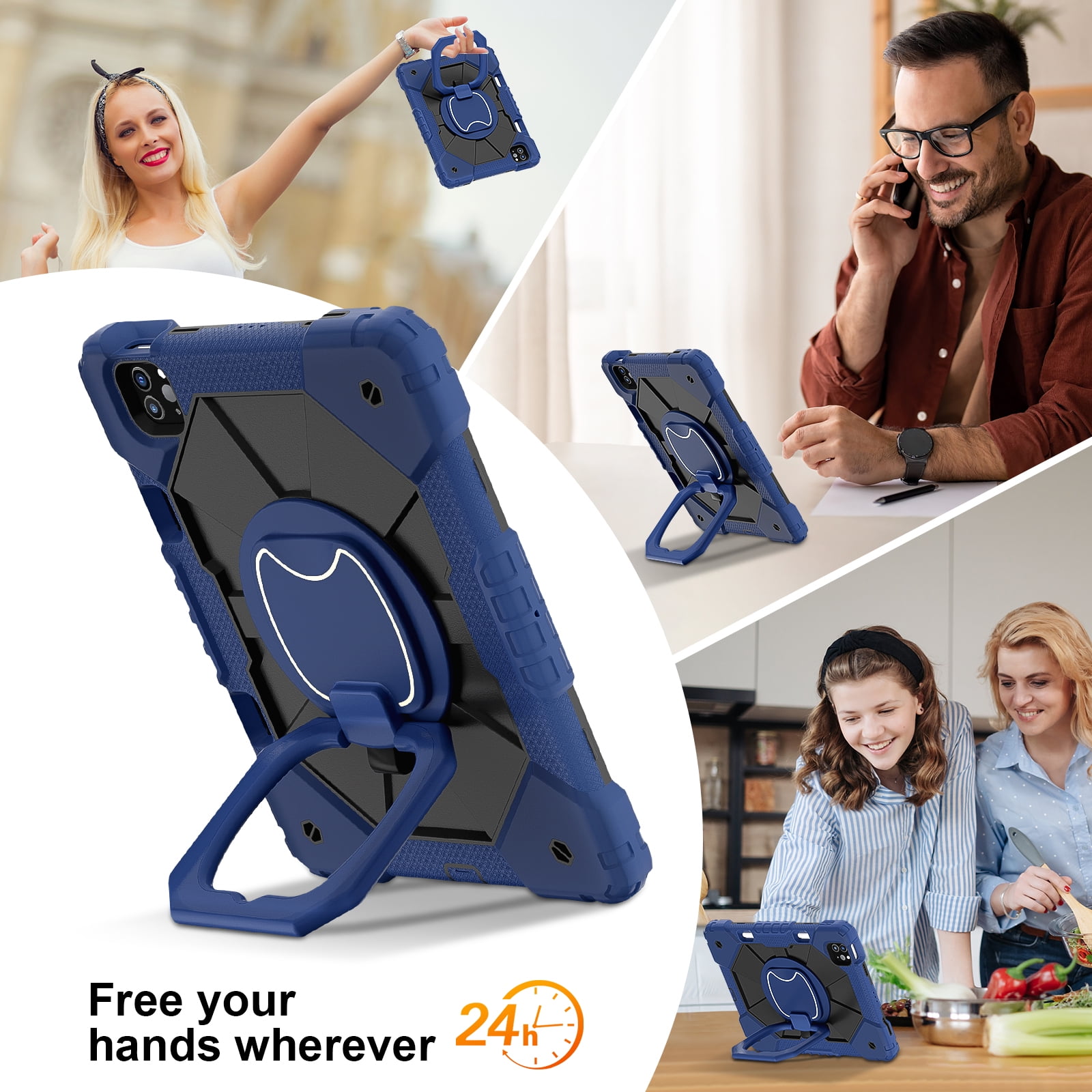 Dteck with Pencil Holder Case for iPad Pro 11-inch 4th 3rd 2nd 1st Gen,iPad Air 5th/4th Generation Heavy Duty Silicone Case 360 Degree Rotating Handle Stand Cover with Shoulder Strap,Navy+Black