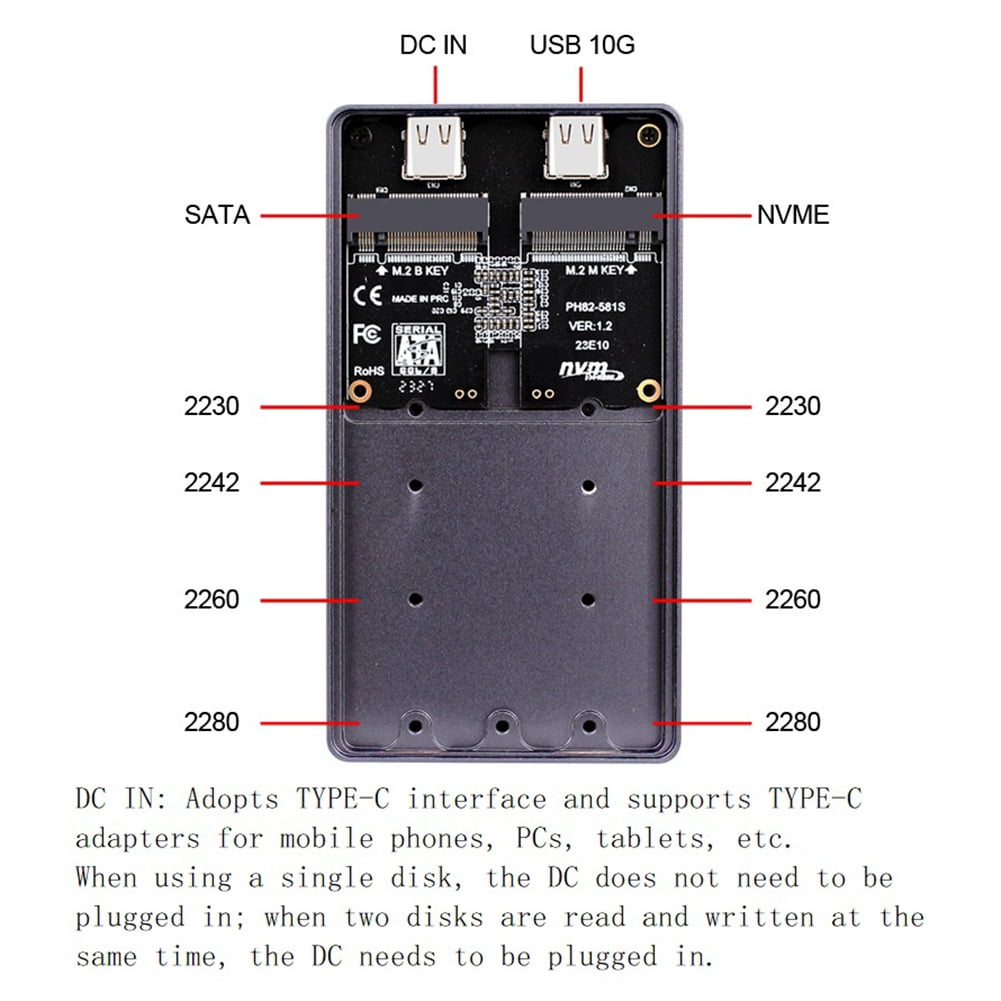 M.2 NVME NGFF SSD Enclosure Single Chip Dual Protocol Dual Disk USB3.2 10Gb Mobile Storage Hard Drive Box