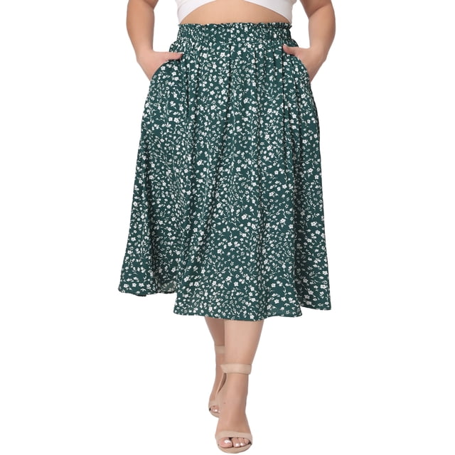 Falda midi plisada de cintura alta para mujeres de tallas grandes Agnes Orinda con estampado floral y bolsillos 4X verde oscuro