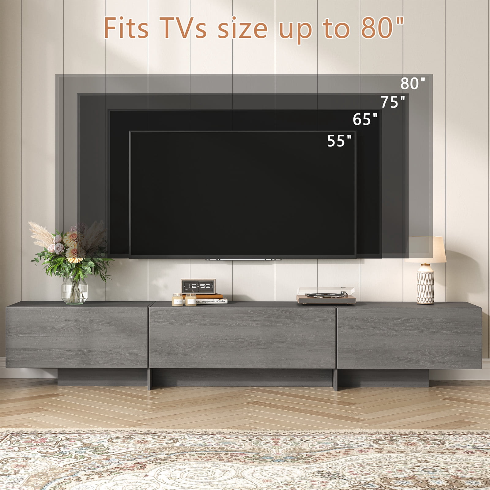 76.4'' Modern TV Stand for Living Room, Mid Century Modern TV Console with 3 Drawers, Media Cabinet for Living Room, Bedroom, Grey