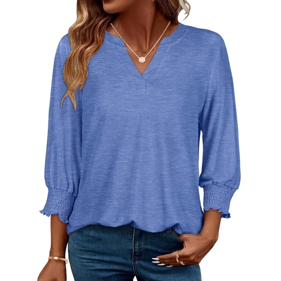 Women's Blouses Shirts Summer V-neck Pleated Cuffs 3/4 Sleeves Solid Color Tops Work Tunic Party Going Out Dressy