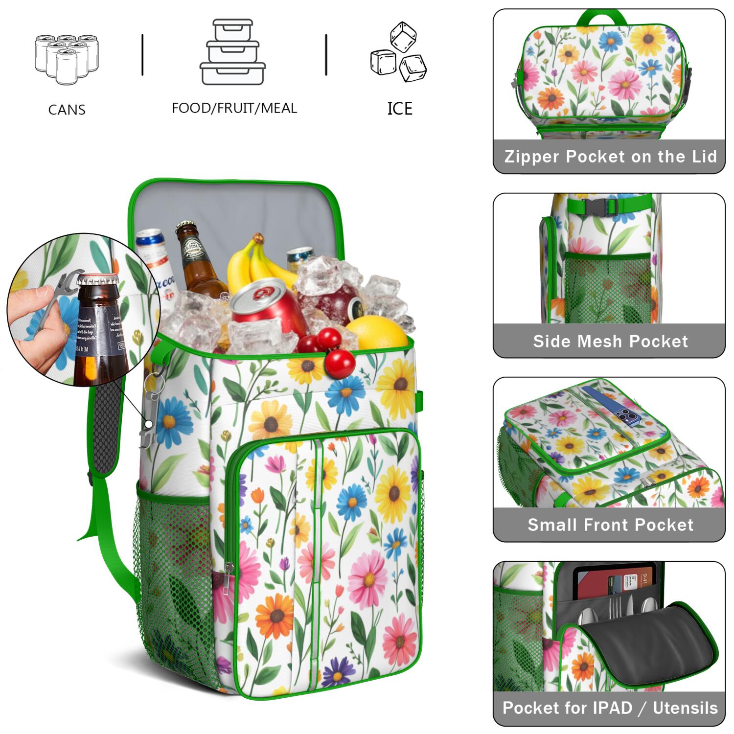 Travel Cooler Bag - Pioneer Flower Floral Print Pattern Camping Beer Cooler Backpack with Bottle Opener- Waterproof Insulated Picnic Backpacks - Cooler Bag for Beach