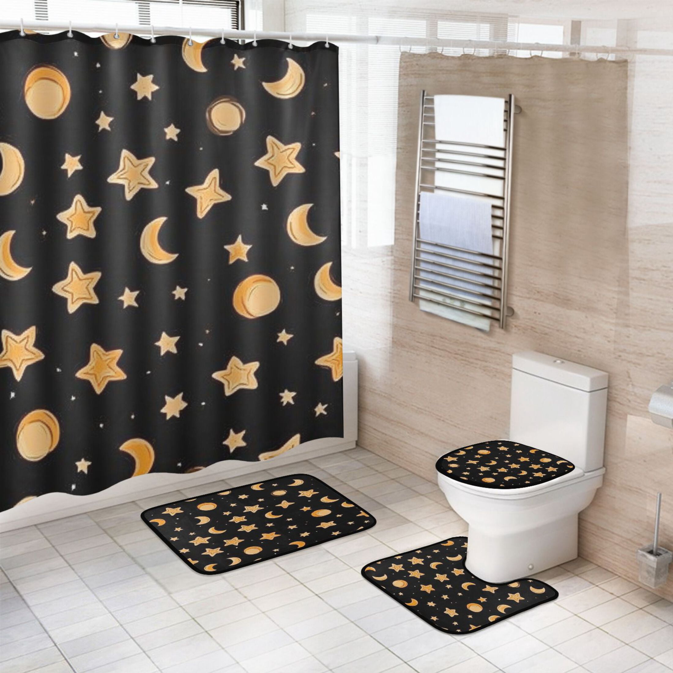 Sun Moon and Stars Bathroom Accessory Curtain Sets Bath Curtain Anti-Slip Mats and Toilet Pad 66x72in