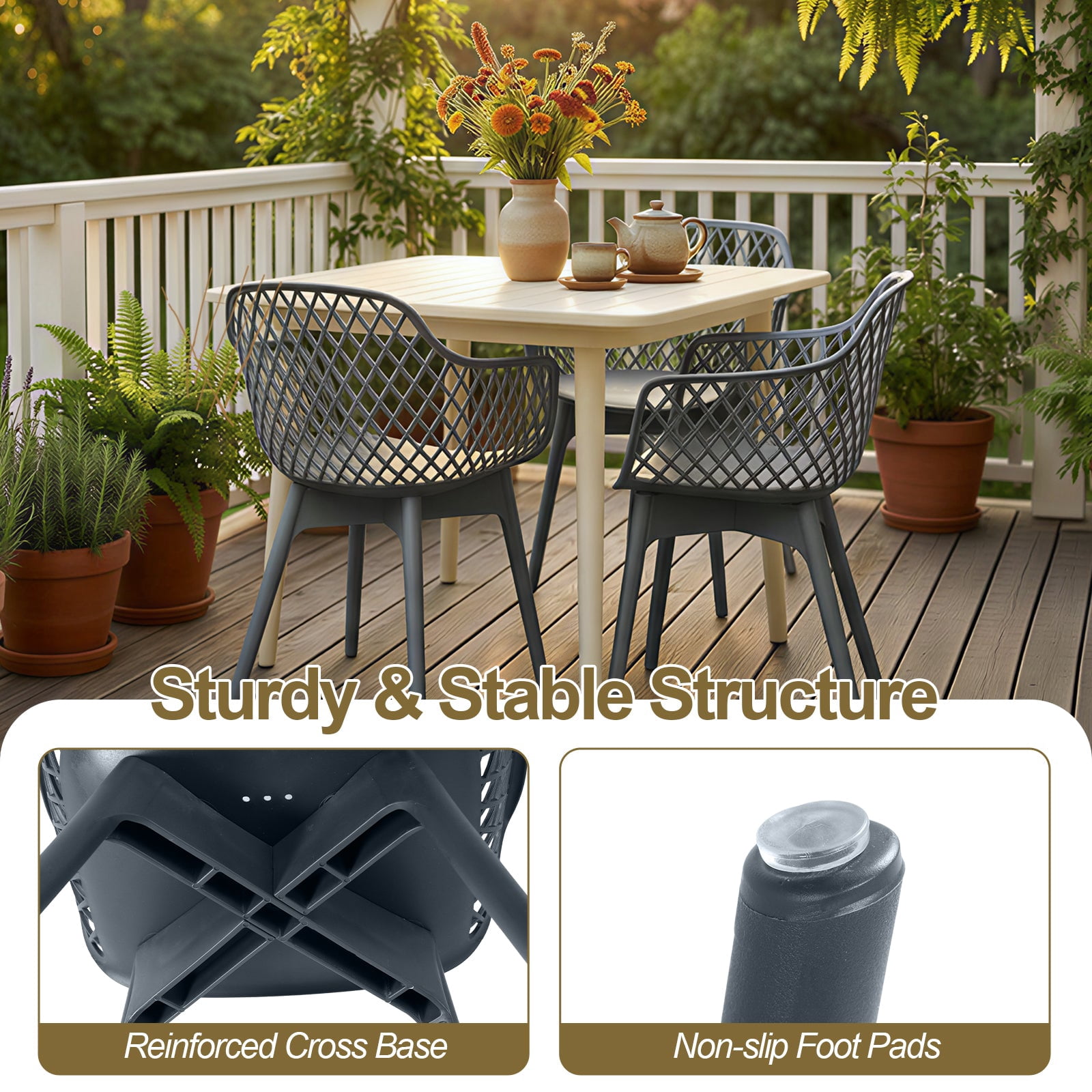 Aoodor Modern Dining Chairs Set of 2, Weather-Resistant Plastic Cafe Chairs with Ergonomic Back and Non-Slip Pad, Suitable for Patio, Restaurant, Yard, Porch, Balcony, Grey
