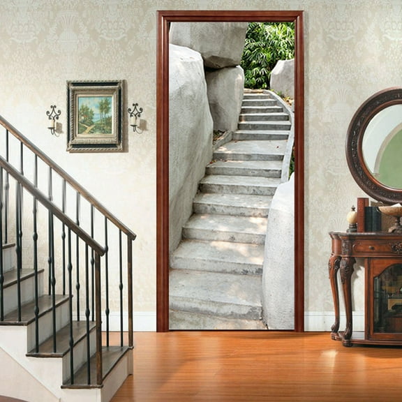 Door Stickers Self-Adhesive Mural Stone Staircase Door Poster Decals Living Room Nursery Restaurant Hotel Removable Door Wrap