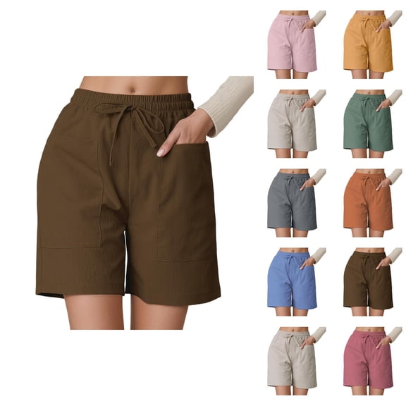 Linen Shorts for Women Summer Elastic High Waisted Loose Casual Wide Straight Leg Beach Shorts with Pockets