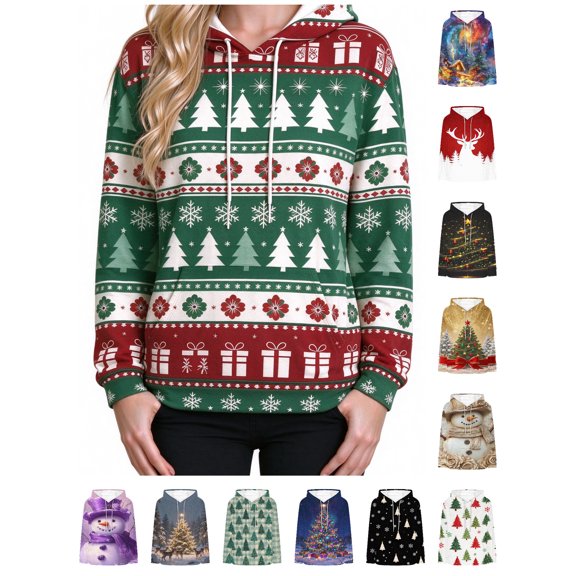 Zynoxe Women's Ugly Christmas Sweatshirt Drawstring Pullover Hoodies for Women Warm Fleece Long Sleeve Sweatshirt Fashionable Printed Sweatshirts with Kangaroo Pocket S