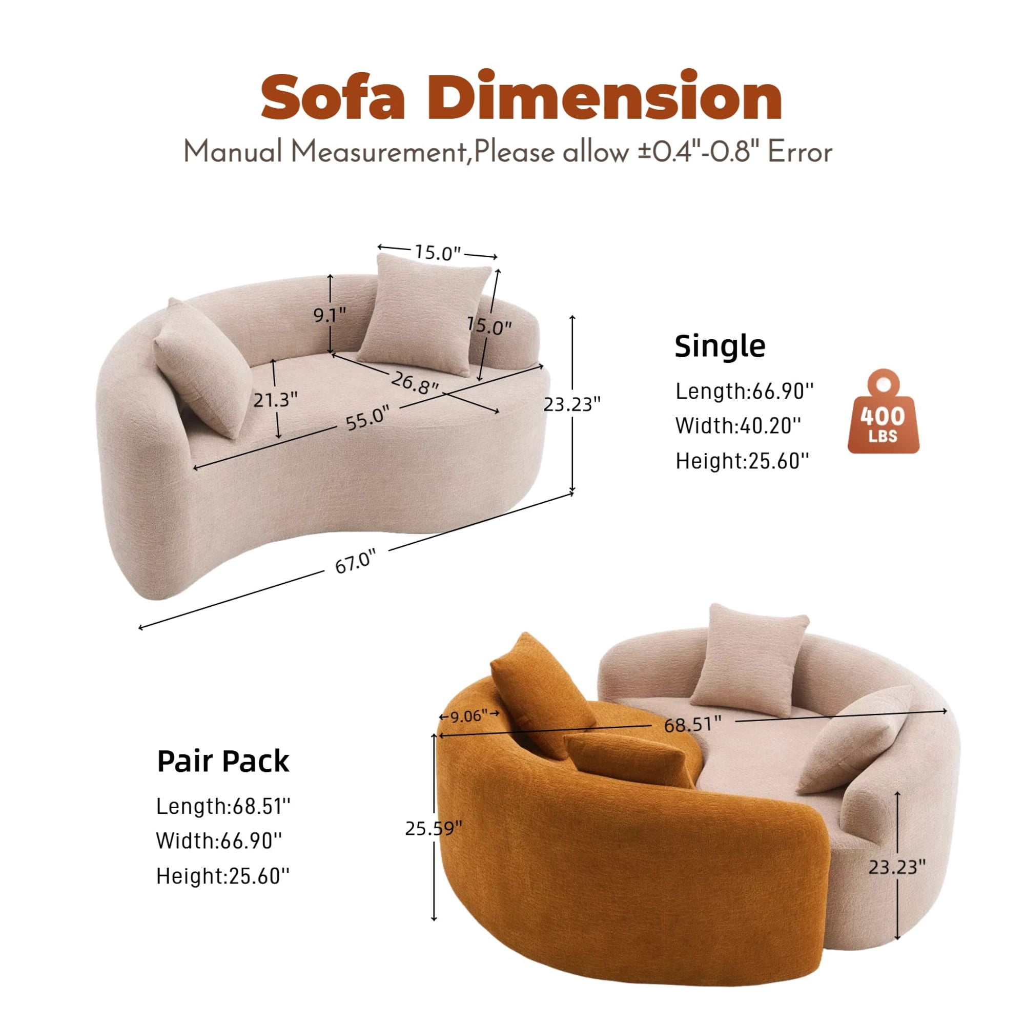 Sailvan S-Curved Chenille Sofa Loveseat, Dual-Depth, No Assembly, Compact for Small Spaces