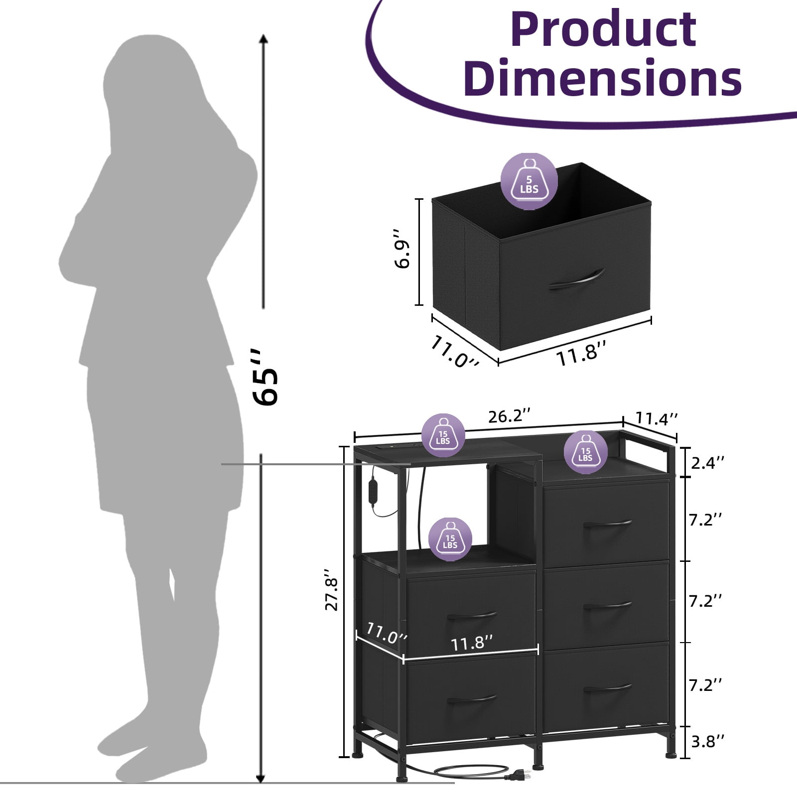 Eunos 5 Wide Black Drawers Dresser with Charging Station and Open Shelf for Bedroom Closet Dorm