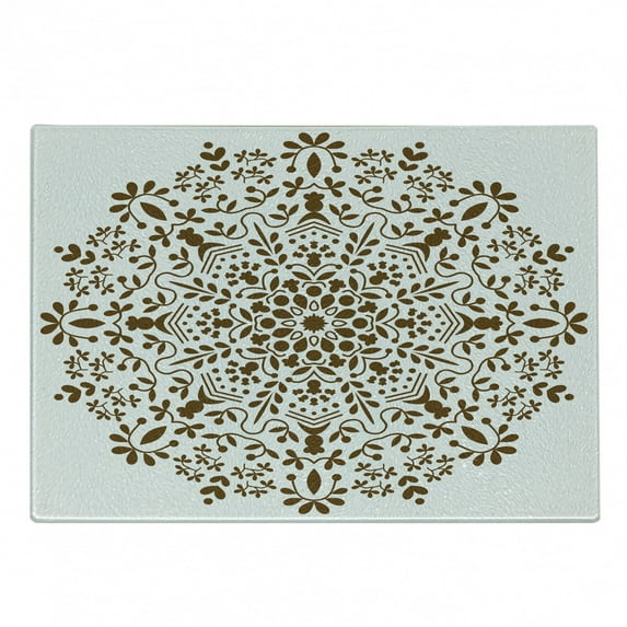 Mandala Cutting Board, Abstract Art Style Vector Illustration of Mandala Flower on White Background, Decorative Tempered Glass Cutting and Serving Board, Small Size, Brown and White, by Ambesonne