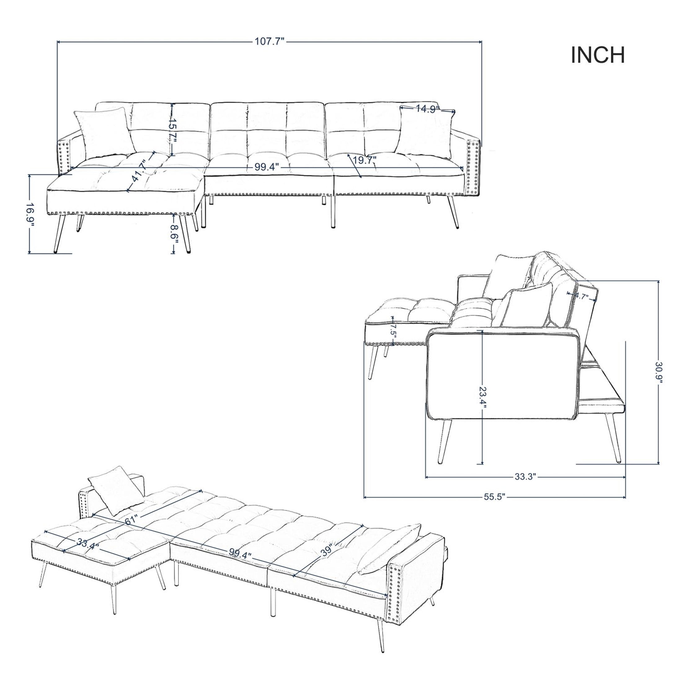 Aukfa 108" Living Room Sectional Sofa Bed, Velvet Sleeper Sofa, Nailhead Decor, 2 Pillows, Blue