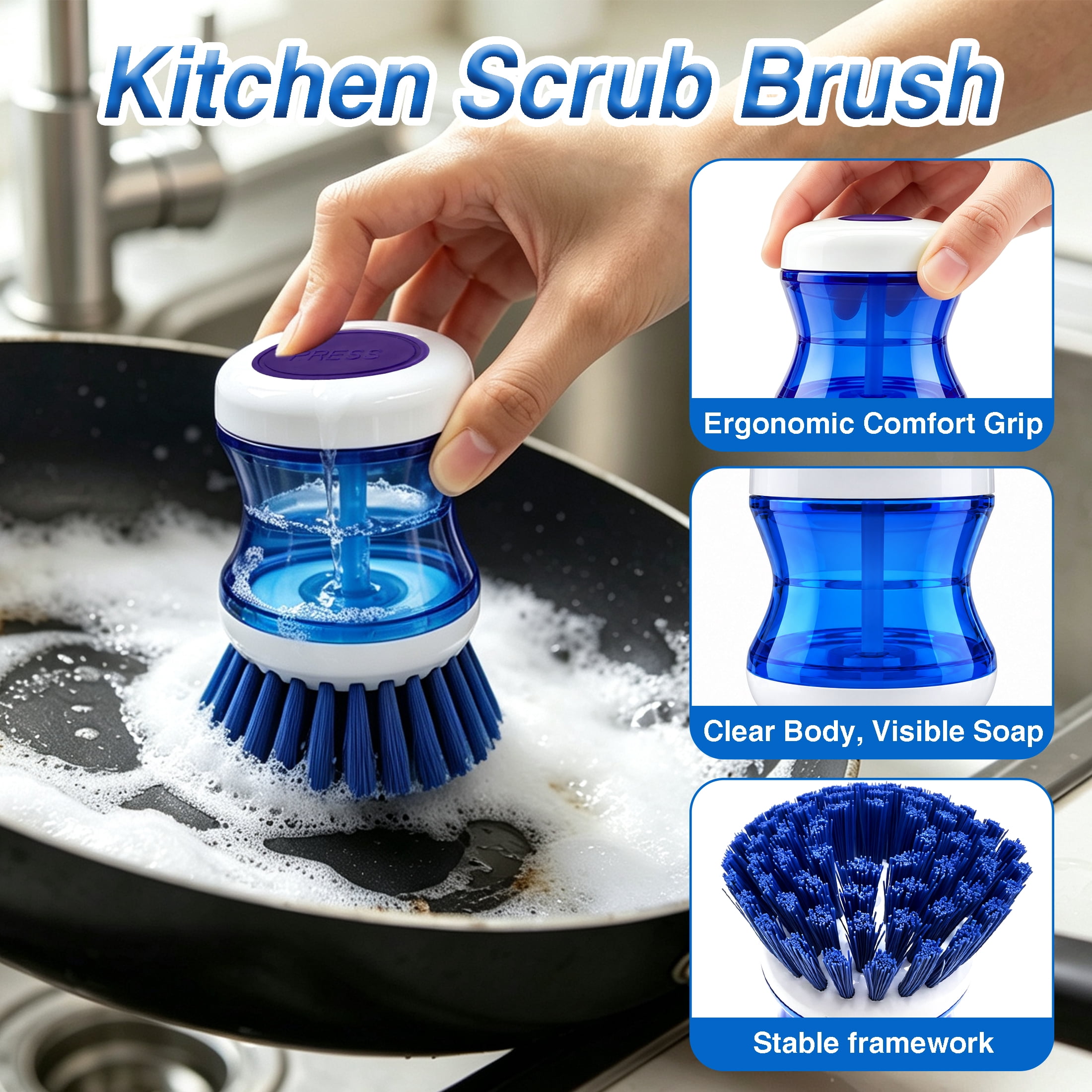 GARITIN 2 Pcs Soap Dispensing Dish Brush, Press‑Type Handheld Kitchen Scrub Brush with Stiff Bristles for Pot Pan Sink Dishwashing Cleaning