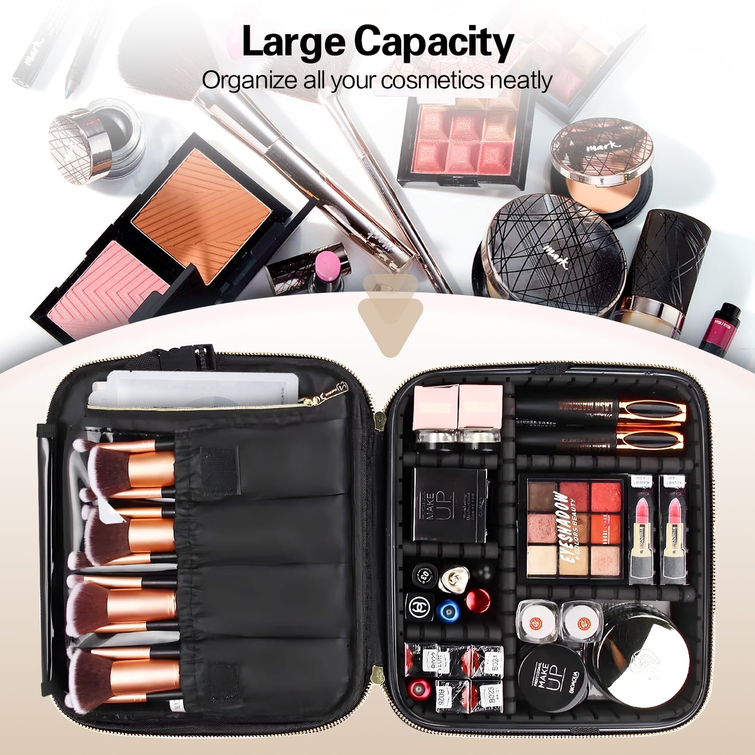 Aofmee Makeup Bag for Women, Travel Bag Organizer Cosmetic Case with Adjustable Dividers Waterproof Shockproof Handbag, Black