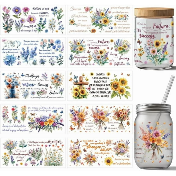 10 Pcs Inspirational UV DTF Cup Wrap Transfer Sticker 10 Styles Flower Transfer Paper Rub on Stickers PVC Cup Waterproof Rub Decals for Cup Glass 24x11cm/9.4x11inch Colorful