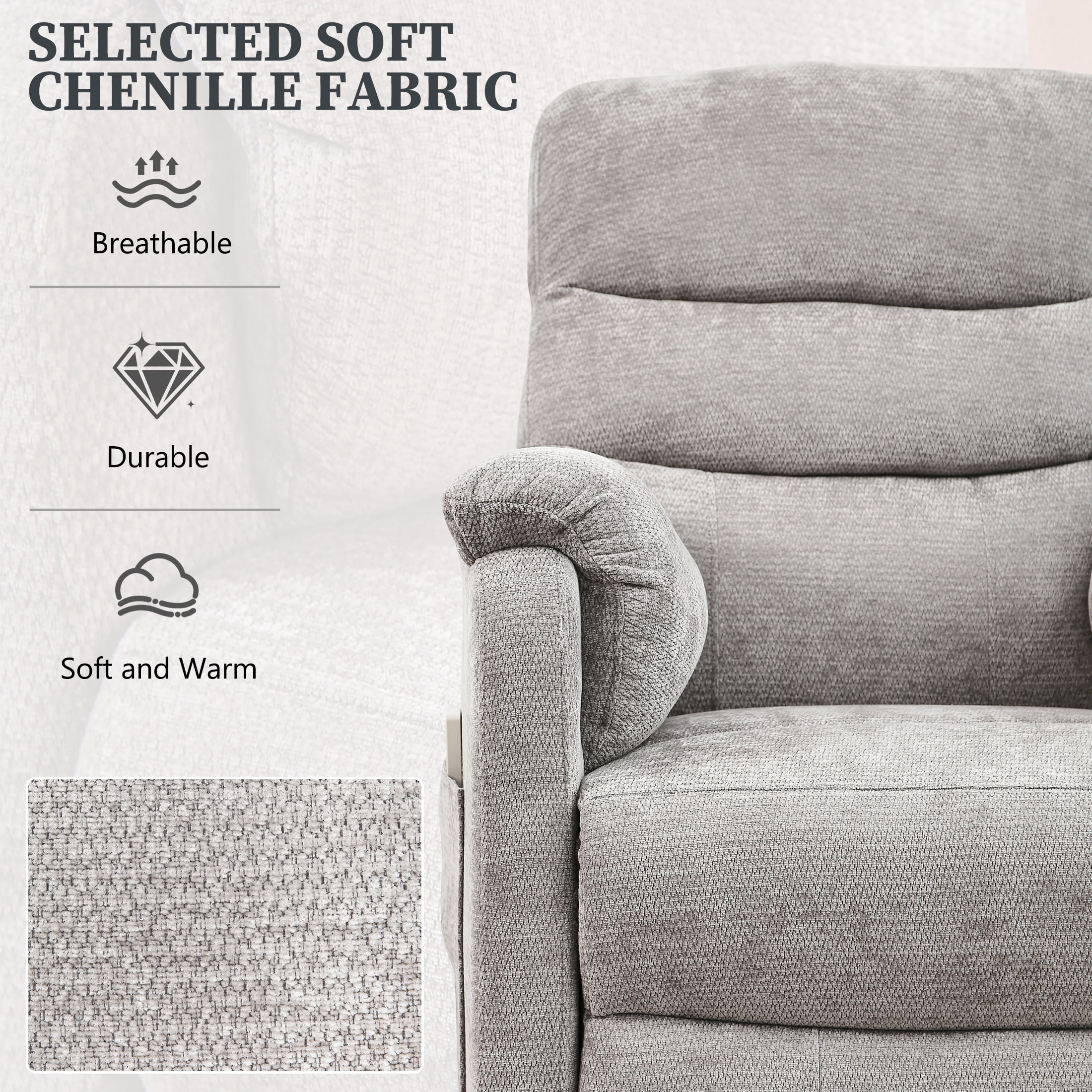 Electric Power Recliner Chair, Modern Chenille Fabric Recliner with Side Pocket & Remote, Nursery Recliner Chair for Living Room Small Space, Gray
