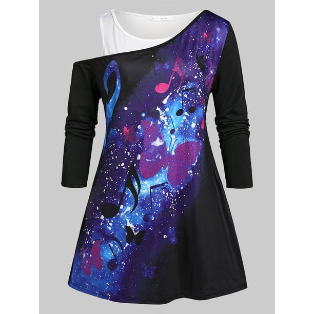Talla grande Skew Cuello Galaxy Butterfly Imprimir TEE Y JUEGO TOPT TOP Rosegal Mangas largas de talla grande