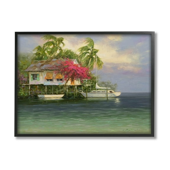Summer Coastal Vacation Cottage Landscape Painting Black Framed Art Print Wall Art