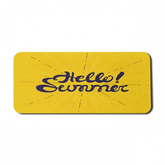 Hello Summer Computer Mouse Pad, Pattern of Typographic Funky Calligraphy Excitement Fun Holiday Season, Rectangle Non-Slip Rubber Mousepad X-Large, 35" x 15", Mustard and Indigo, by Ambesonne