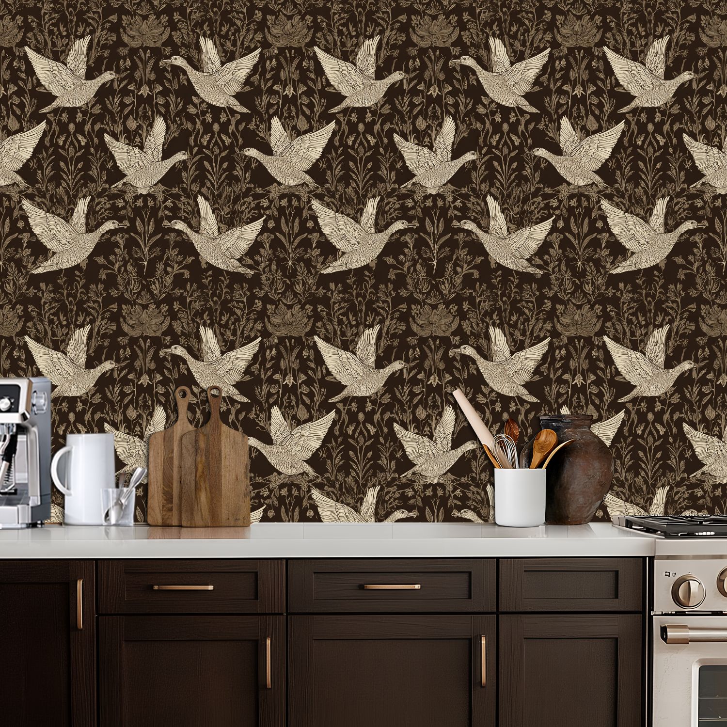 Hunt Peel and Stick Wallpaper 17.7in x 9.8ft Vintage Floral Birds Neutral Tones Contact Paper Vinyl Waterproof Self Adhesive Wall Paper for Bedroom Shelf Cabinet Renter Friendly