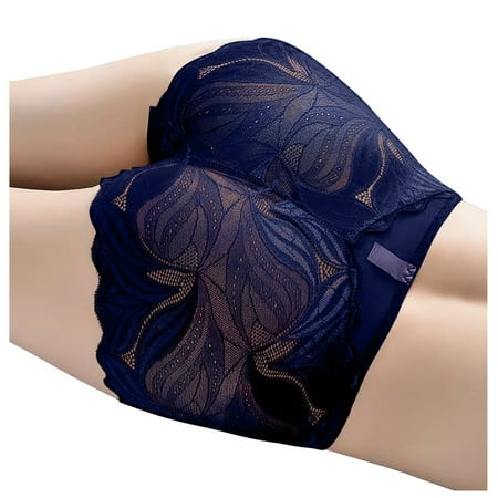 

BIZIZA Seamless Boxer Briefs for Women Floral Breathable Lace Panties Sexy Dark Blue XL