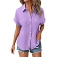 thumbnail image 6 of Pxiakgy Women Linen Button Down Shirt Rolled Cuffed Short Sleeve Blouse Ladies Summer Casual V Neck Beach Double Layer Wrinkled Fabric Tops Batwing Sleeve Pocket Patched Shirt Hot Pink Xl, 6 of 7